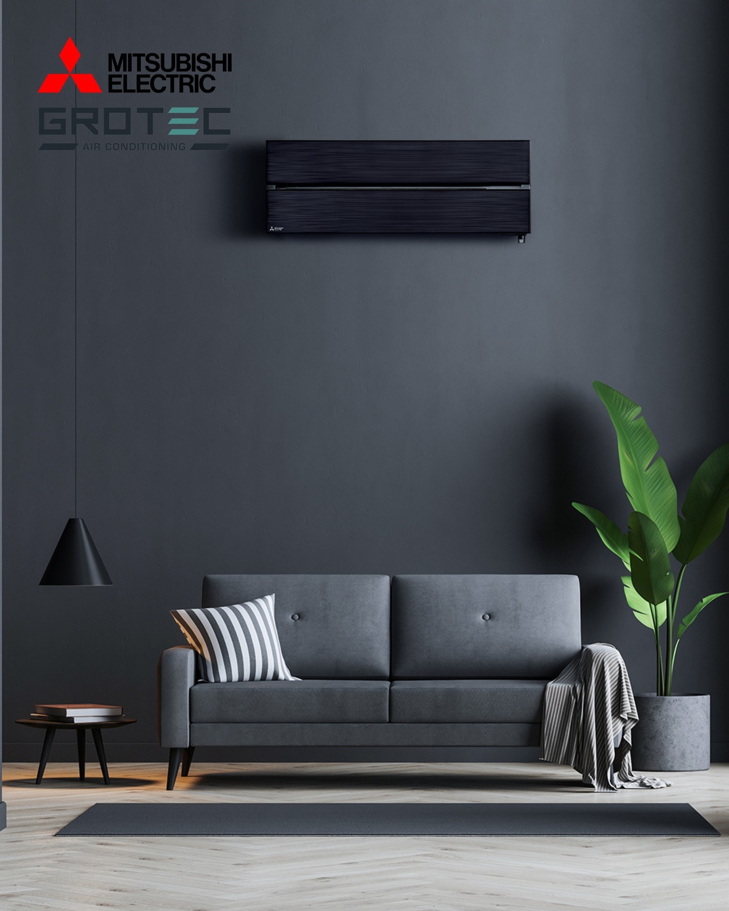 Wall-mounted air conditioner on a dark feature wall in a living room