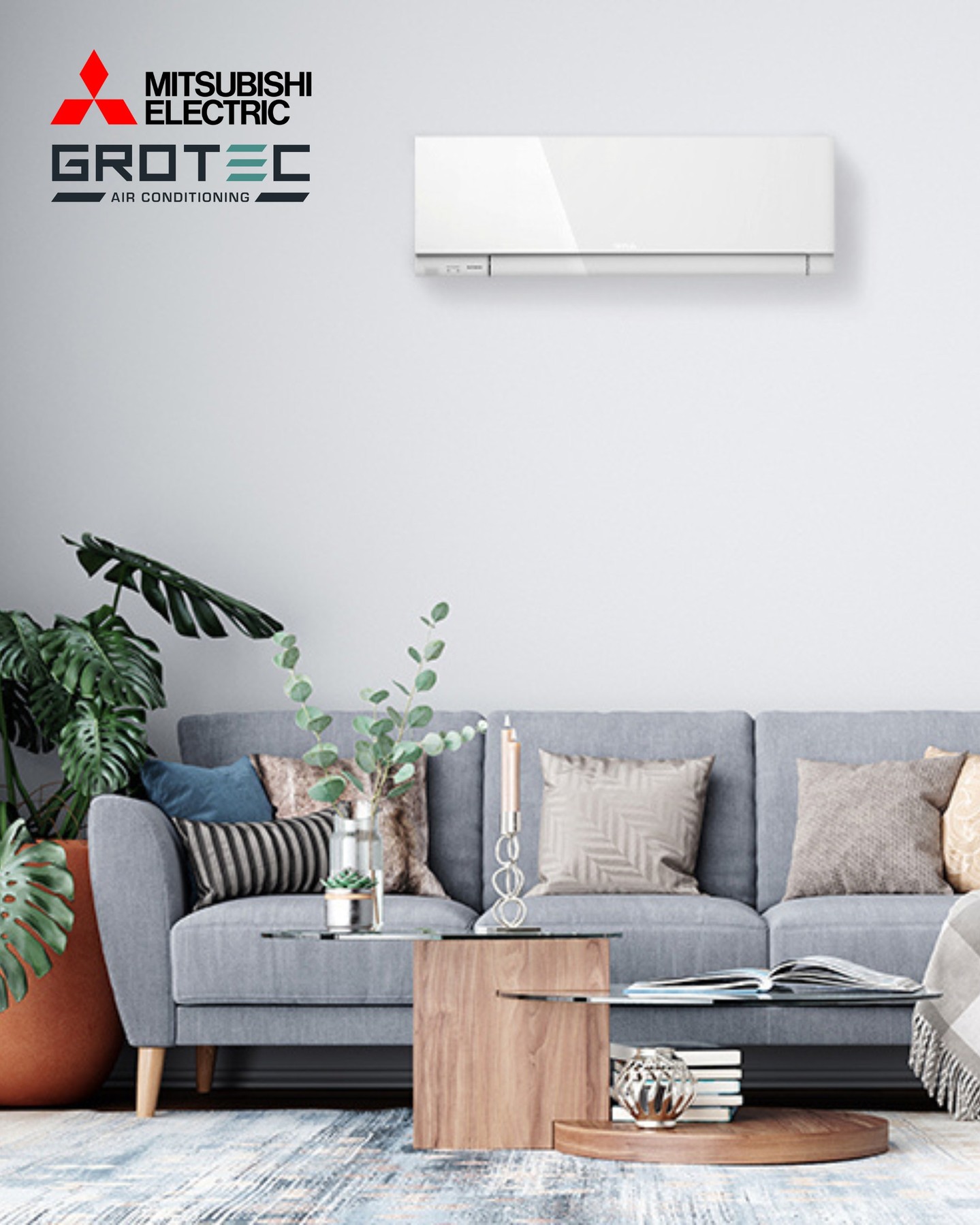Mitsubishi Electric split system air conditioner above a sofa in a living room